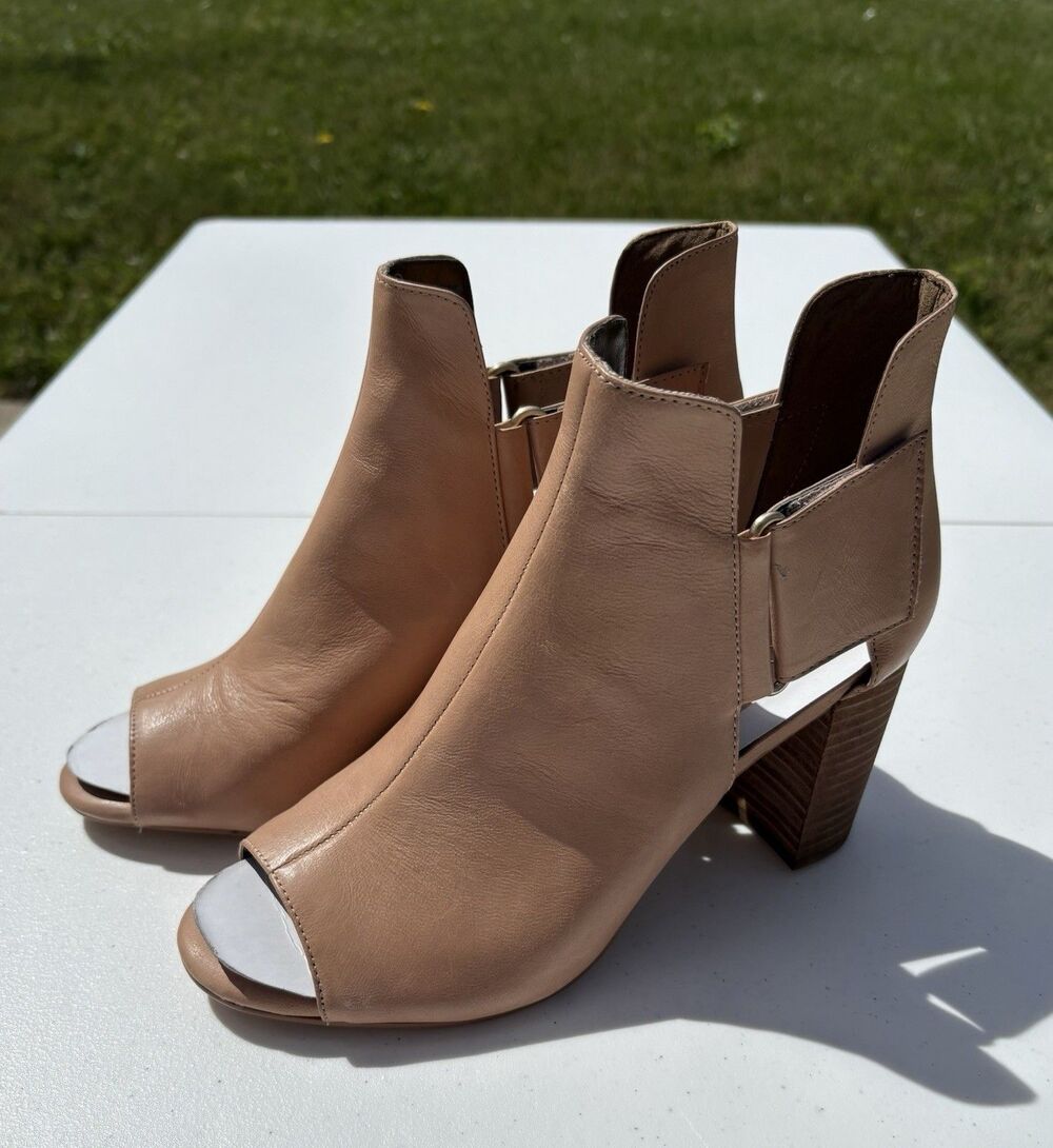 Aerosoles High Fashion Peep Toe Booties Womens 7.5 Nude Tan Ankle Block Heel NEW